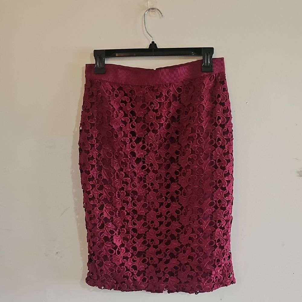 Ann Taylor Burgundy Lace Pencil Skirt